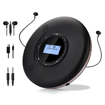 Afbeelding van Draagbare CD speler ingebouwde 1500 mAh oplaadbare met Bluetooth en stereo dubbele luidsprekers voor auto thuis reizen, persoonlijke Walkman anti overslag LCD scherm