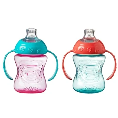 Afbeelding van Nuby Grip N Sip Trainingsbeker met handvat, zachte drinksnavel, spatwaterdichte 240 ml, vanaf 4 maanden (set van 2, roze/oranje)