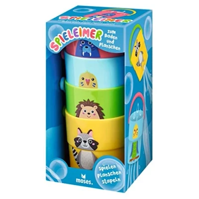 Afbeelding van moses. 38151 Speelemmer stapelset om te baden en plonsen, badspeelgoed, 4 kleurrijke emmers met handvat gatenpatroon, mini emmer in water zand spelen