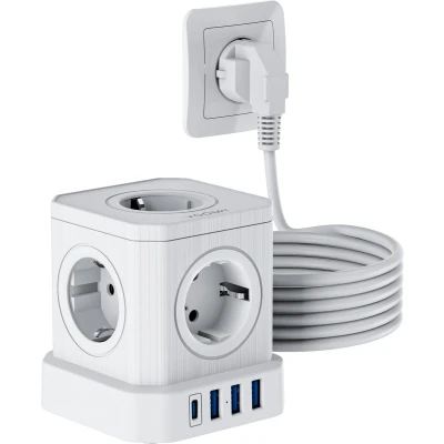 Afbeelding van Voomy Cube 5M Stekkerdoos Met USB C 20W Snellader Schakelaar 5 Stopcontacten 4 Poorten Powercube Meter Verlengsnoer Wit