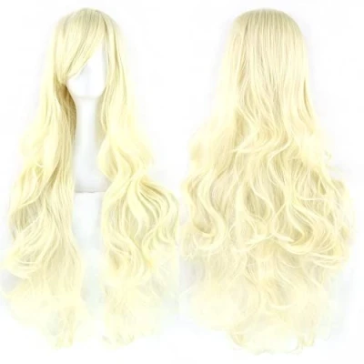 Afbeelding van IMISSU 80cm lang krullend natuurlijk haar cosplay pruik met pony kleurrijke halloween kostuum partij pruiken voor vrouwen (Blond)