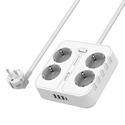 Afbeelding van Unidapt Stekkerdoos, 4 voudig met USB oplaadaansluitingen, meervoudig stopcontact C, wandmontage (2500 W), stekkerlijst, overspanningsbeveiliging 1,8 m kabel voor kantoor, multistekker,