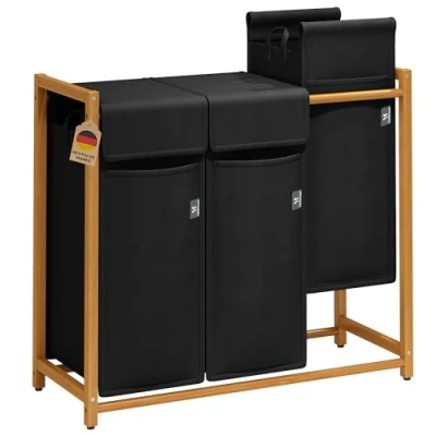 Afbeelding van AdelDream Wasmand, bamboe, wassorteerder, wasverzamelaar, 3 vakken, waswagen met afneembare waszak, wasbox, laundry mand, 150 liter, zwart