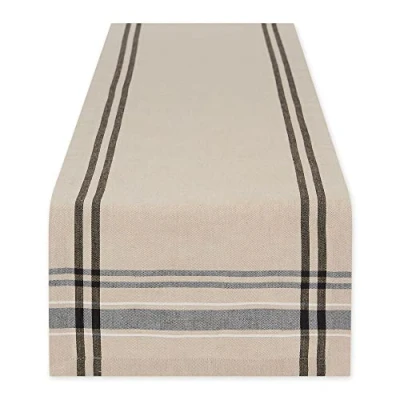 Afbeelding van DII Franse Stripe Tafelblad Collectie Boerderij Stijl Eettafel Linnen Tafelloper, 14x72, Taupe/Zwart