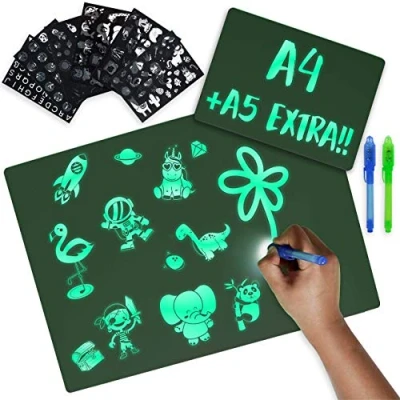 Afbeelding van Magisch Tekenbord A4 + A5, 6 Stencils, 2 Lichtgevende Stiften BONNYCO Jongens Meisjes Speelgoed 3 4 5 7 8 9 Jaar Lichtgevend Bord Kinderspeelgoed, Geschenken voor Verjaardag Sinterklaas Kerstmis