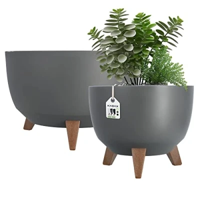 Afbeelding van KADAX Verhoogde plantenpot, set van 2, grote kunststof plantenbak met poten voor binnen en buiten, duurzame ronde (29 cm 39,5 cm, antraciet)