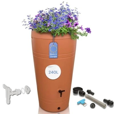 Afbeelding van YourCasa Regenton, 230 liter, decoratief design, regenvat, vorstbestendig, van kunststof met kraan, regenwatervat, regenwatertank, waterton voor tuin, smalle regenton (terracotta)