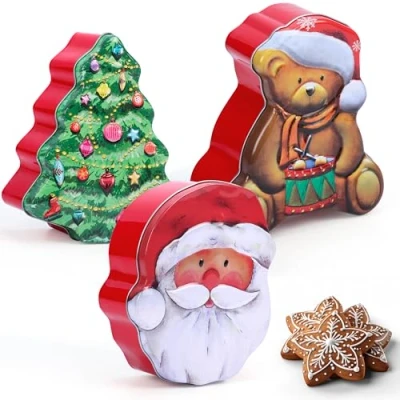 Afbeelding van Belle Vous 3x kerst koektrommel Metalen kerstblik in 3 vormen Koek trommel kerstman kerstboom en knuffelbeer vorm Voor kerstkoekjes snoep