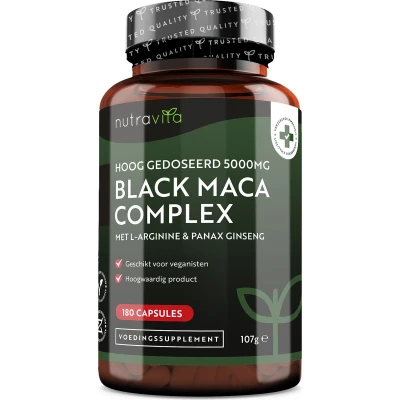 Afbeelding van Nutravita Maca Wortel capsules 5000mg (Hoge Sterkte) 180 Vegan Black (6 maanden voorraad), 100% Peruaanse met L Arginine, Panax Ginseng &amp; Peper