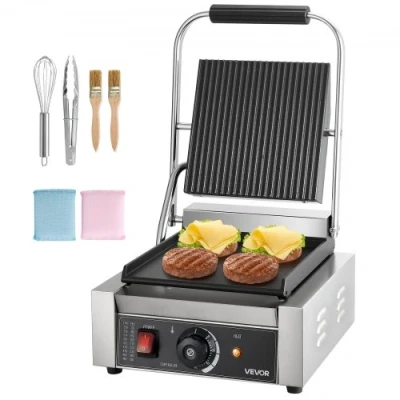 Afbeelding van VEVOR panini Elektrische commerciële grill voor sandwiches en panini, roestvrij staal, met temperatuurregeling geëmailleerde platte plaat, hamburgers spek, 310 x 410 215 mm