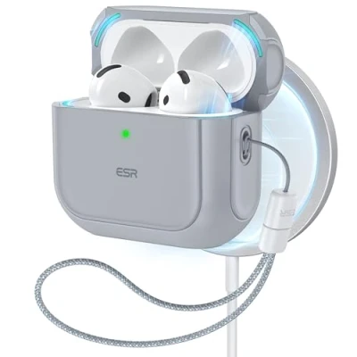 Afbeelding van ESR Hoesje voor AirPods 4, compatibel met 4e generatie hoes (2024) (USB C), MagSafe, valbescherming lanyard, magnetisch dekselslot, Orbit Hybrid Case, grijs