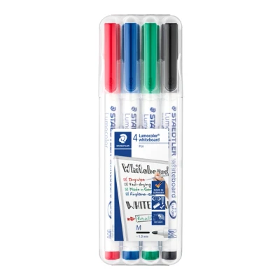 Afbeelding van Staedtler whiteboard pen Lumocolor Pen, opstelbare box met 4 stuks in geassorteerde kleuren whiteboardmarker