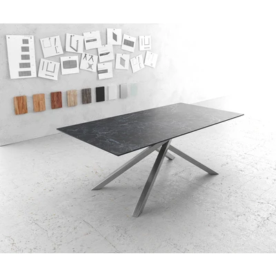 Afbeelding van Eettafel Edge Laminam® keramiek grijs 200x100cm middenvoet kruis zilver