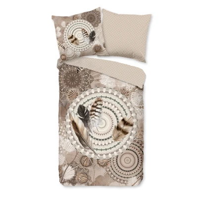 Afbeelding van Flanellen Dekbedovertrek 155x220 cm Veer en Mandala Print Taupe 1 Persoons 100% Katoen Flanel