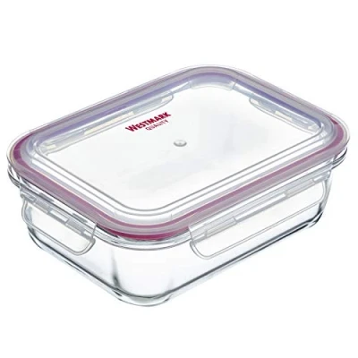 Afbeelding van Glazen vershouddoos, met clipdeksel, inhoud: 1040 ml, luchtdicht, diepvries en magnetronbestendig, ovenbestendig, BPA vrij, glas/kunststof/siliconen, helder/rood