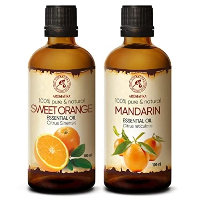 Afbeelding van Set Etherische Oliën 2x100ml Aromatherapie met Sinaasappelolie Mandarijnolie Pure Citrusolie voor AromaDiffusers en Geurlampen Sinaasappels Mandarijnen Zeep Geurkaarsen Huidverzorging
