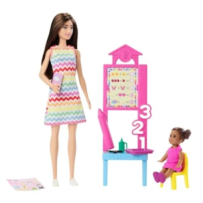 Afbeelding van Barbie Docent Pop met Modepop Bruin Haar Bedrukte Jurk, 1 Peuterpop en Accessoires om Les te Geven, JCR76