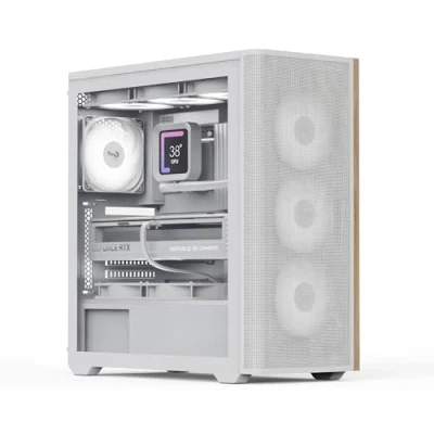 Afbeelding van AeroCool D501A Mid Tower behuizing, houtgeaccentueerd gaasfront, 360 mm radiatorondersteuning, 11 ventilatorsleuven, 400 GPU, ATX/m ATX/Mini ITX, magnetische stoffilters, SPCC staalconstructie,