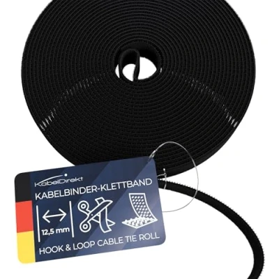 Afbeelding van KabelDirekt klittenband kabelbinders hersluitbaar 12,5 mm x 10 m (rol voor kabels, vrij op maat te snijden &amp; herbruikbaar, zwart)