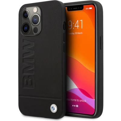 Afbeelding van iPhone 13 Pro Max Backcase hoesje BMW Effen Zwart Leer