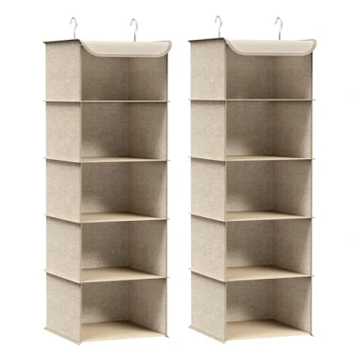 Afbeelding van SONGMICS Hangplank, set van 2, Organizer, Kledingkast, Opvouwbaar, Ruimtebesparend, Kastopslag, met metalen haken, Bamboeversterking, Linnenpatroon, Zandbeige RCH005Y02