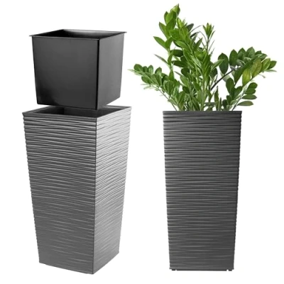 Afbeelding van KADAX Bloempot, bloembak van kunststof, plantenbak voor bloemen, binnen en buiten, tuin, balkon, terras, huis, weerbestendig, imitatie rotan (36 cm hoog, grafiet)