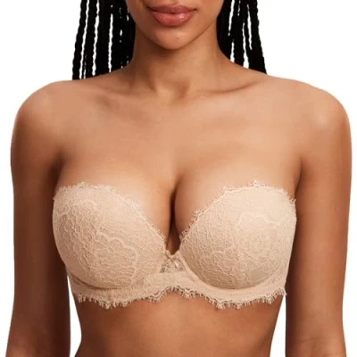 Afbeelding van DOBREVA Vrouwen Strapless Push Up BH Kant Diepe Hals Wired Gewatteerd met Verwijderbare Riemen Beige 80C
