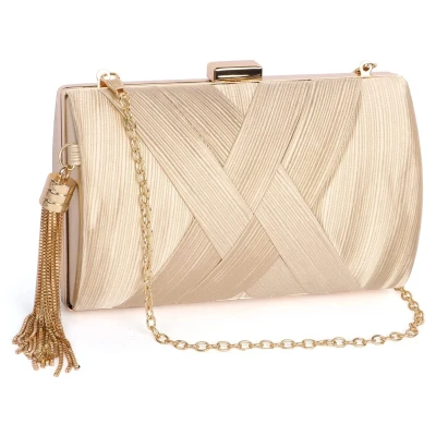 Afbeelding van Satijnen clutch voor dames kwasthanger, elegante avondtas met afneembare ketting, abrikoos