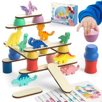Afbeelding van Montessori Dinosaurusspeelgoed voor 1 2 3 4 Jaar Oud Peuters, Kleuteronderwijs Speelgoed Oude Jongens en Meisjes, Houten Dinosaurussblokjes Sorteren, Stapelen Balansspeelgoed