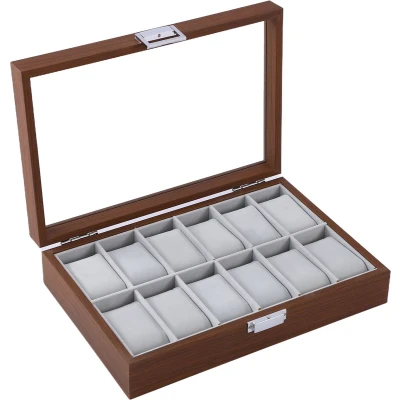 Afbeelding van Emilie collection sieradendoos hout lichtgrijs walnoot bruin horlogedoos 12 vakken
