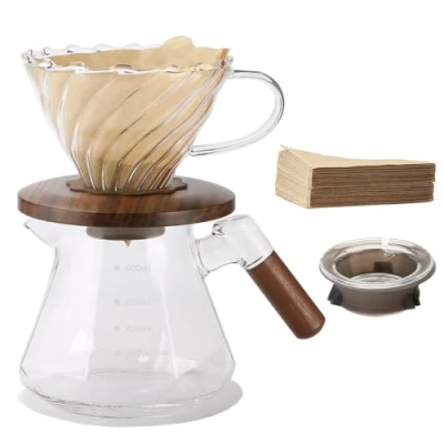 Afbeelding van Lalord Pour Over Koffiezetapparaat, 20oz borosilicaatglas Set met 100 stuks V02 Papierfilter, Walnoot Kraag &amp; Glazen Deksel, Druppelkoffiezetapparaat, 1 3 Kopjes, Helder (600 ml Set)