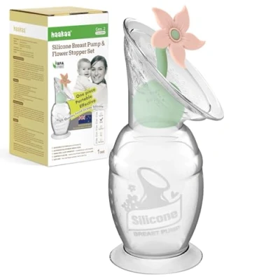 Afbeelding van haakaa Handmatige borstkolf met bloemenstopset, Gen.2 siliconen handpomp zuigbasis, BPA vrij (150 ml, blush)