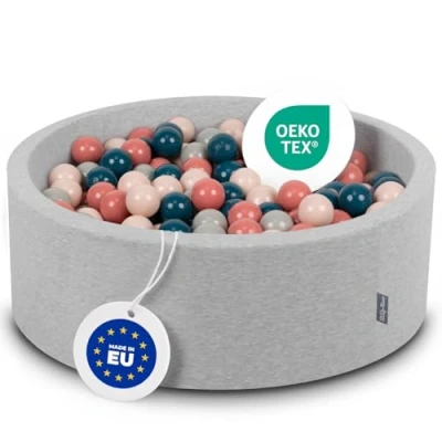 Afbeelding van KiddyMoon 90 x 30 cm babyballenbak van schuim / 200 ballen met diameter 7 cm. Gecertificeerd gemaakt in EU, lichtgrijs: donker turkoois pastelbeige grijsgroen zalmroze