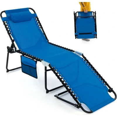 Afbeelding van COSTWAY Ligstoel tuin, 4 voudig zonnebed met zijzak en hoofdsteun tot 150kg, inklapbaar campingligstoel verstelbare rugleuning voor strand, balkon zwembad (marineblauw)