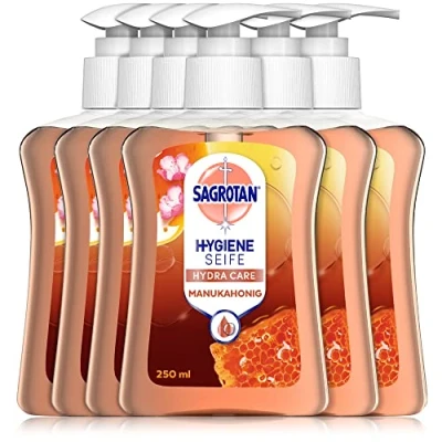 Afbeelding van Sagrotan Handzeep met frisse geur van amandelbloesem en manukahoning, hygiënische vloeibare zeep, 6 x 250 ml zeepdispenser