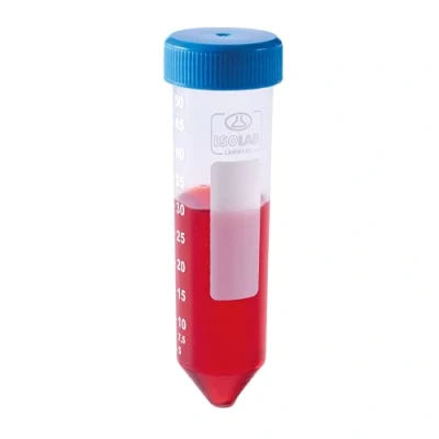 Afbeelding van ISOLAB Plastic centrifugebuisjes, 50 ml, conische bodem Blauwe schroefdoppen, gegradueerde merktekens, verpakking van stuks