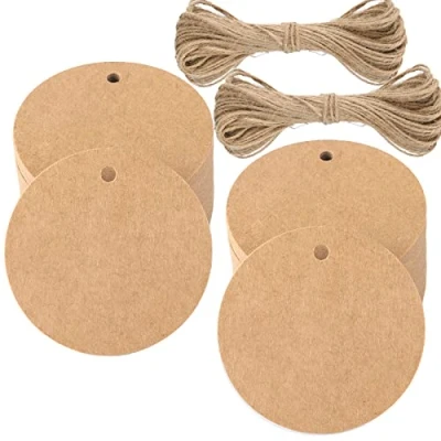 Afbeelding van G2PLUS 100 stuks bruine cadeauhangers, ronde labels, 5,5 cm, kraftpapier, labels met jute koord, blanco papieren hangers voor kunst en knutselproject