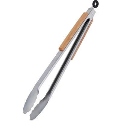 Afbeelding van Relaxdays barbecuetang houten handgreep bbq serveertang vleestang 38 cm rvs