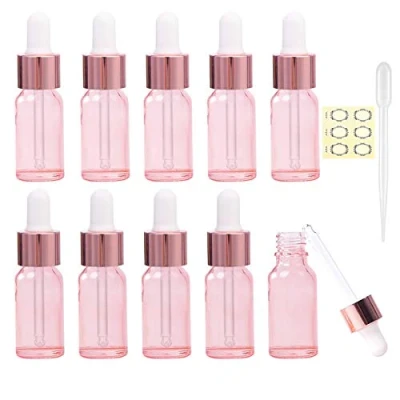 Afbeelding van Alledomain 10 stuks, 5 ml roségoudkleurige glazen flessen met druppelaarpipetten, mini lege druppelflesjes roségouden metalen dop hervulbare monstercontainer voor etherische olie/Aromatherapie