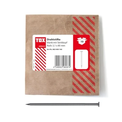 Afbeelding van TOX draadnagels 3,1x80 mm met verzonken kop voor eenvoudige houtverbindingen en vlakke oppervlakken, blank staal, 10 st. in hersluitbare milieuvriendelijke papieren verpakking, 063600160