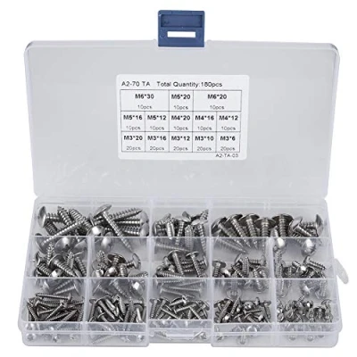 Afbeelding van 180 Stks M3 M4 M5 M6 Roestvrijstalen Platte Kop Zelftappende Schroeven Assortiment Set met Opbergdoos