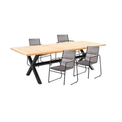 Afbeelding van Tuinset Wakai tafel dark grey, teak 236x100 cm met 4 stoelen Wasabi stoel kussen black, rope grey Yoi