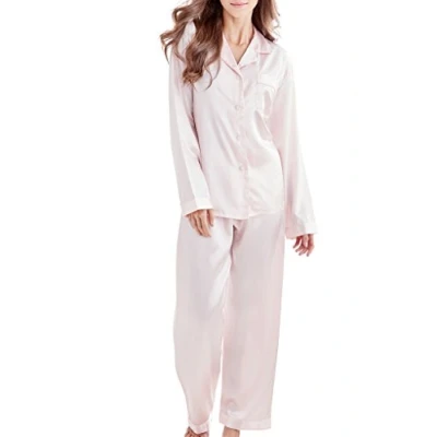 Afbeelding van Sanraflic Pyjama voor dames, satijn, lang, nachtkleding, loungewear, Lichtroze, L