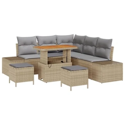 Afbeelding van vidaXL 8 delige Tuin Sofa Set met Kussens Beige Poly Rattan Acacia, 2 Zits Rattan, 3 Eetset Acacia