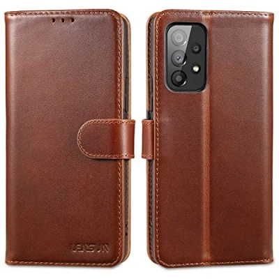 Afbeelding van LENSUN Echt leren hoes voor Samsung Galaxy A53, telefoonhoes met standfunctie, RFID bescherming, donkerbruin