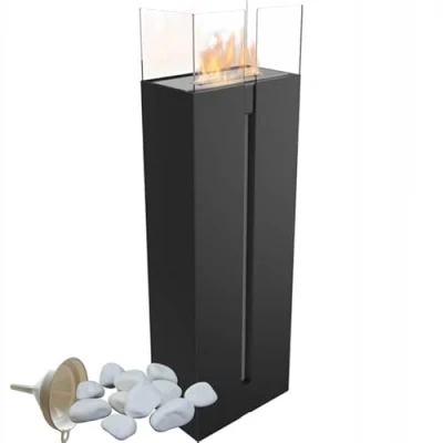 Afbeelding van KRATKI Romeo bio ethanol haard + kiezel trechter Vrijstaande biocontainer 0,5 l TÜV gecertificeerd gepoedercoat staal 4 glasplaten geslepen zwart 35 x 113 cm