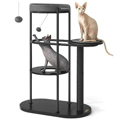 Afbeelding van Krabbelpaal Feandrea, modern, Kattenboom, Metalen Buizen, met Kussen en Platform, Sisalstam, Kattenspeelbal, 80 x 43 111 cm, voor kleine, grote, oude kat, klassiek zwart PCT117B01