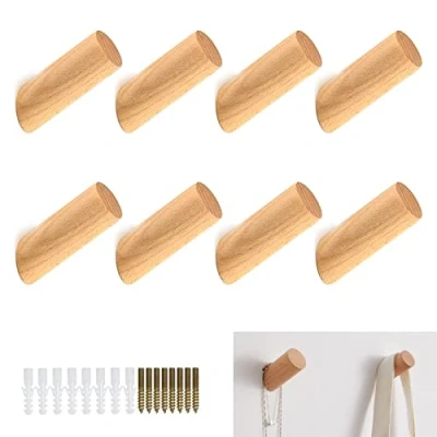 Afbeelding van 8 stuks Wandhaken van hout, Houten Kapstok Cilinder Peg Haken Jas Pinnen Wandmontage Entryway Hoedenrek voor Opknoping Handtassen Kleding Hoed Sjaals in Slaapkamer Woonkamer Halway 8cm