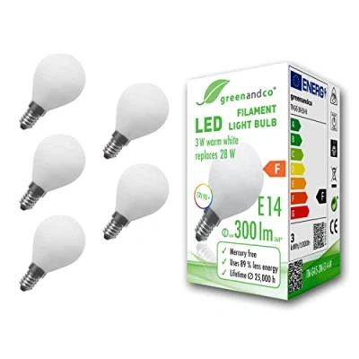 Afbeelding van 5x greenandco® CRI 90+ filament LED lamp vervangt 28 Watt E14 G45 Globe mat, 3W 300 Lumen 2700K warm wit 360 230V AC glas, niet dimbaar, flikkervrij
