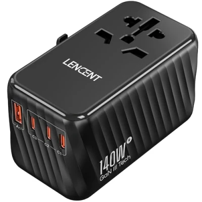 Afbeelding van LENCENT 140W Reisadapter Wereldwijd, GaN3 Snellader Universele Reisstekker met 3 PD3.1 Type C+1 QC USB A, Alles in één wereldwijde adapter voor Telefoons, 200+ Landen, EU UK DE CN VS A/C/G/I